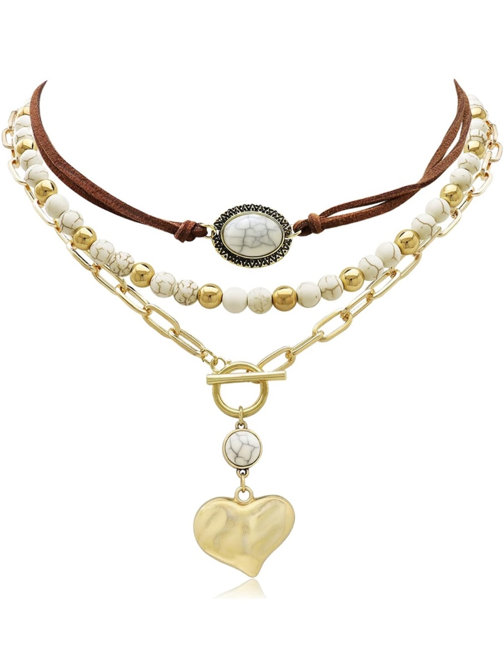 Anthropologie Gold Tone , White & Brown Layered Heart Pendant Necklace